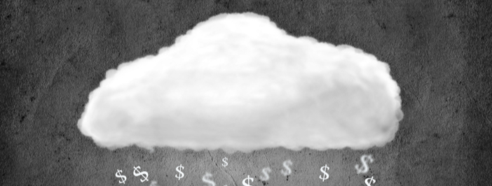 Cloud raining dollar signs on grey background