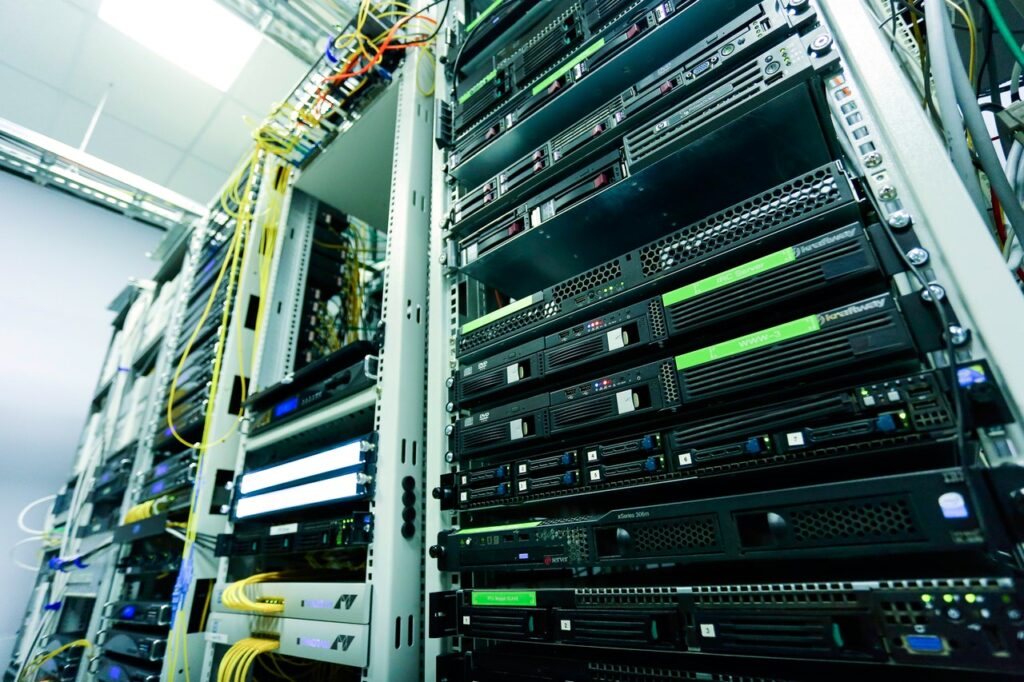 server room with stacked servers for on-premises or cloud storage options