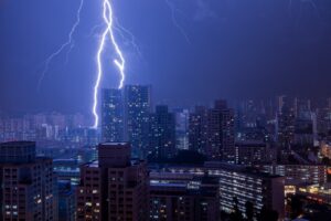 Lightning striking a city skyline